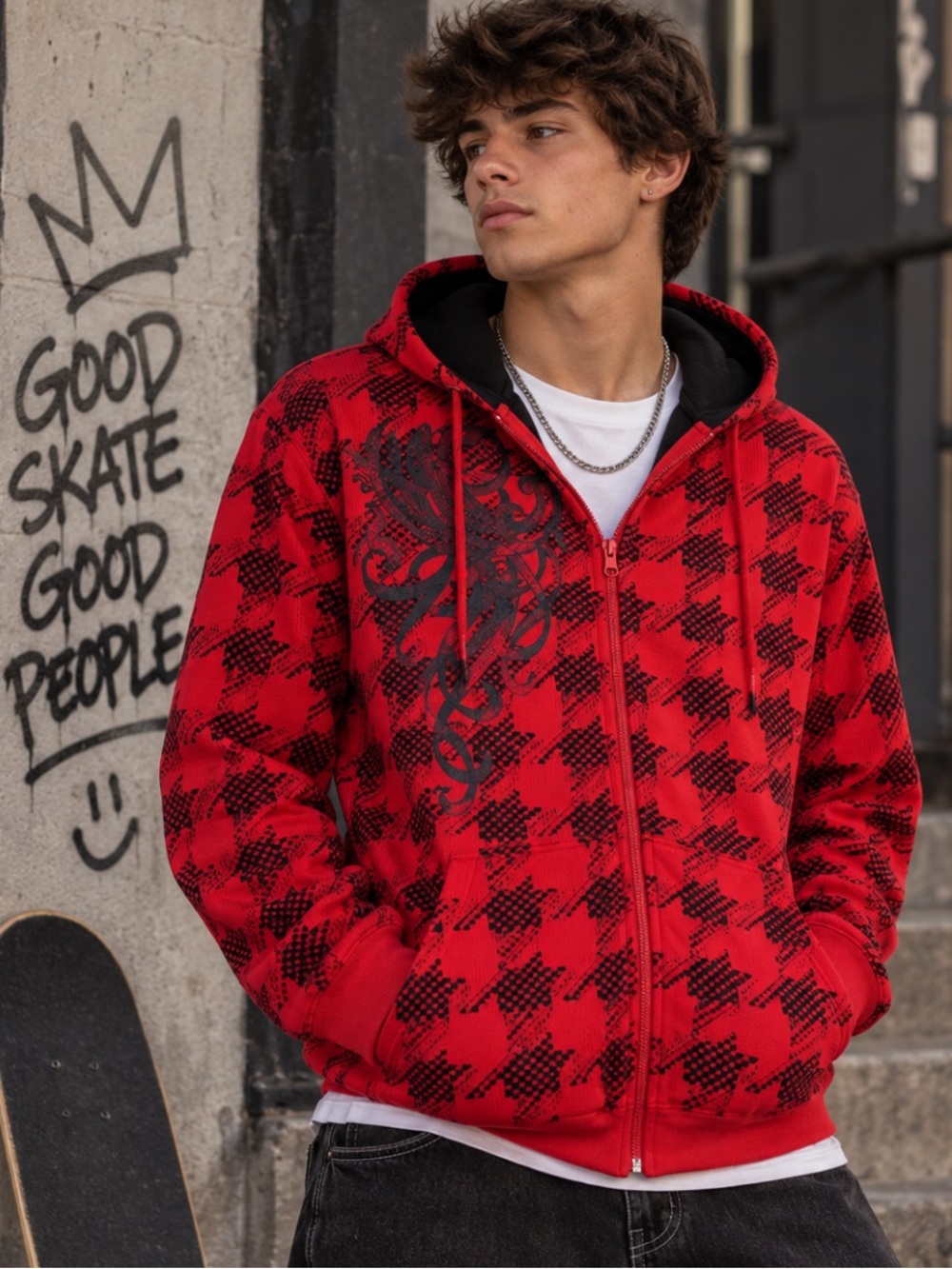 VTG Y2K No Boundaries Red Black Houndstooth Graphic Hoodie Streetwear Whimsigoth